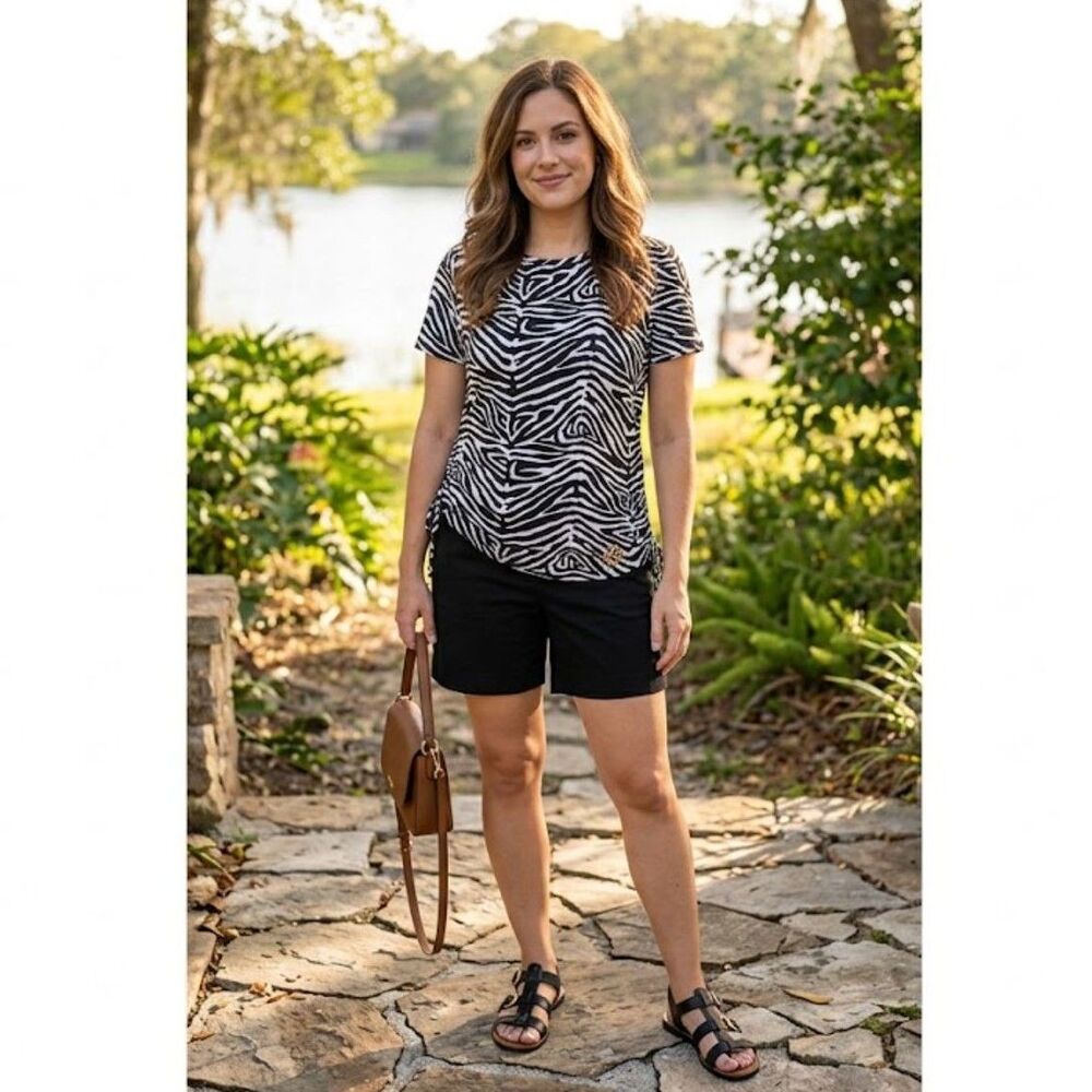 MICHAEL Michael Kors B&W Zebra Print Pull Tie Side Gold Logo Tee Size Medium